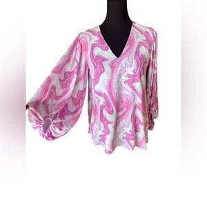 Adrienne Swirl Print V-Neck Balloon Sleeve Top , Size Small, Date Night Casual